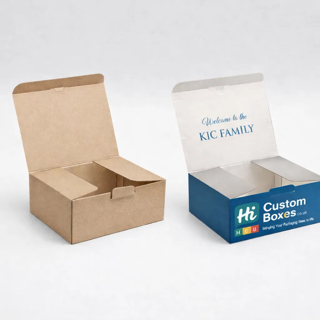 A plain brown cardboard box and a branded teal box, both open with high side flaps. class=